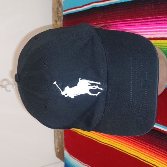 Polo Ralph Lauren Embroidered Big Pony Logo #3 Leather Strapback Hat Blk White